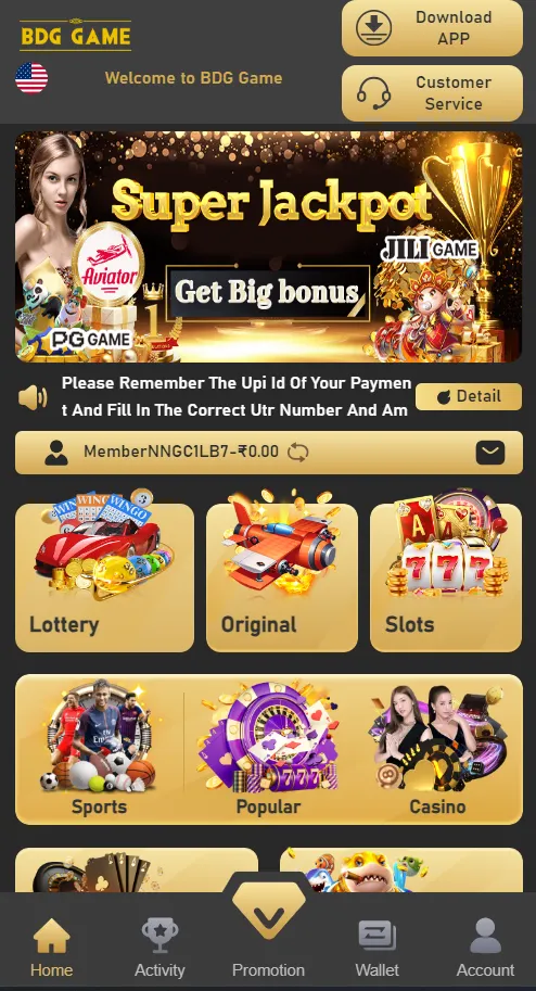 BDG Game homepage showing game lobby with various game icons